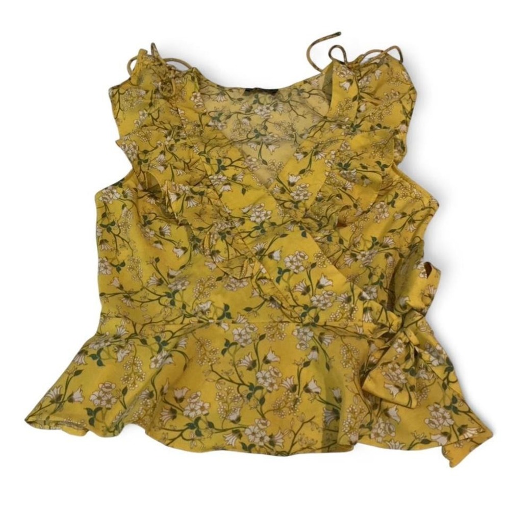 Milk & Honey Floral Wrap Top Womens Yellow Ruffle Peplum Excellent Condition